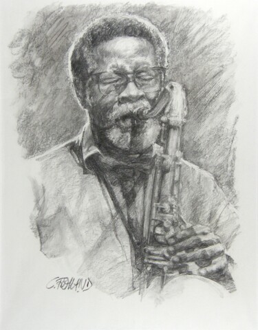 Drawing titled "portrait jazz 21" by Christian Rolland, Original Artwork, Charcoal