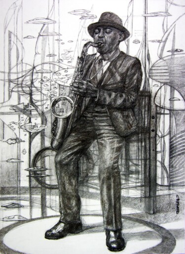 Drawing titled "fusain jazz 34" by Christian Rolland, Original Artwork, Charcoal