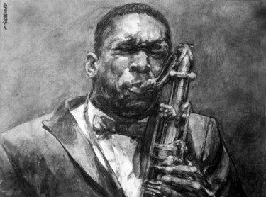 Drawing titled "portrait jazz 2" by Christian Rolland, Original Artwork, Charcoal