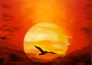 Peinture intitulée "Oiseau au crépuscule" par Christian Sabatier, Œuvre d'art originale, Huile
