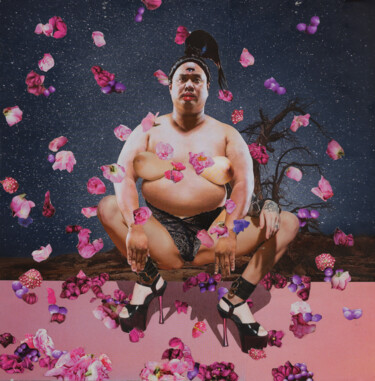 Sakura Sumo Collagen mit dem Titel "Sakura Sumo" von Christian Schanze, Original-Kunstwerk, Collagen Auf Aluminium montiert