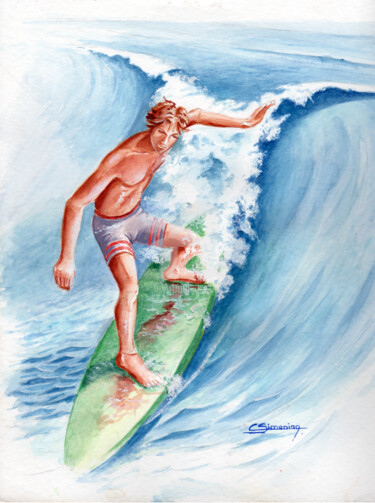 Painting titled "SURFER" by Christian Simonian, Original Artwork, Watercolor Mounted on Glass