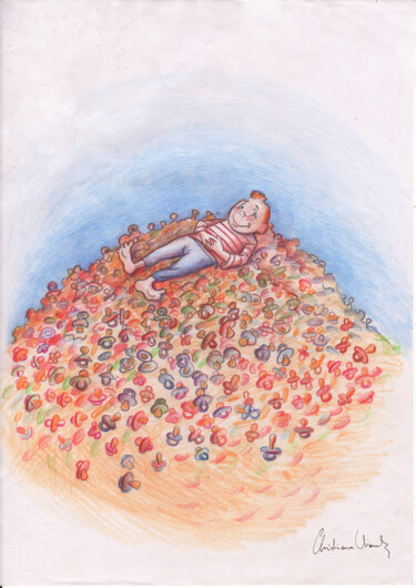 Dessin intitulée "Tom et ses tétines" par Christiana Visentin Gajoni, Œuvre d'art originale, Crayon