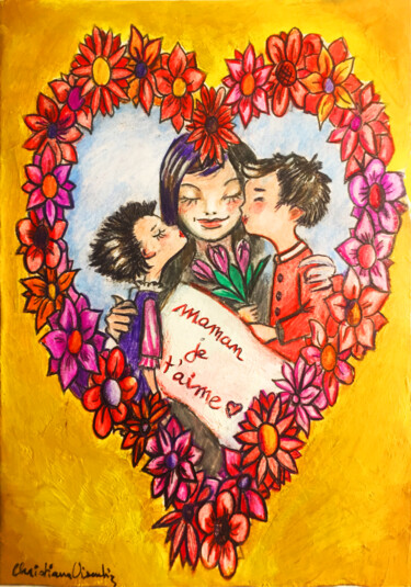 Zeichnungen mit dem Titel "Maman je t'aime 2" von Christiana Visentin Gajoni, Original-Kunstwerk, Bleistift