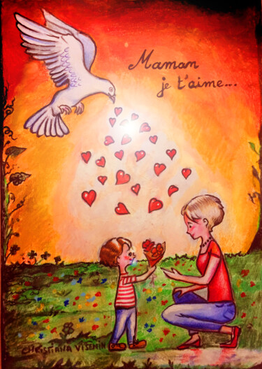 Zeichnungen mit dem Titel "Maman je t'aime 4" von Christiana Visentin Gajoni, Original-Kunstwerk, Bleistift