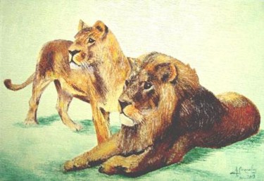 Painting titled "Couple de lions" by Christian Bonnefoy, Original Artwork, Oil