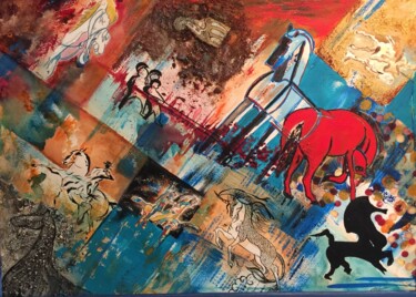 Painting titled "Chevaux à travers l…" by Christiane Biache, Original Artwork, Acrylic Mounted on Cardboard