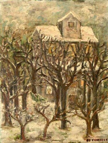 Peinture intitulée "Maison sous la neige" par Christiane Casanova, Œuvre d'art originale