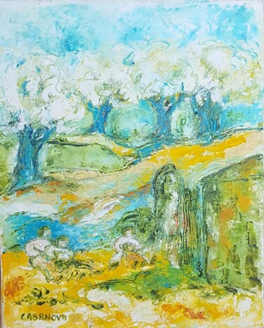 제목이 "Jardin bleu - Le fo…"인 미술작품 Christiane Casanova로, 원작, 기름 나무 들것 프레임에 장착됨