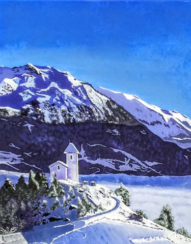 Painting titled "Les Alpes église" by Christiane Cucinelli (Chris), Original Artwork, Acrylic
