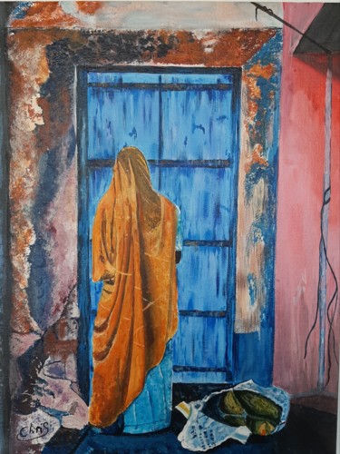 Malerei mit dem Titel "Indienne porte bleue" von Christiane Cucinelli (Chris), Original-Kunstwerk, Acryl