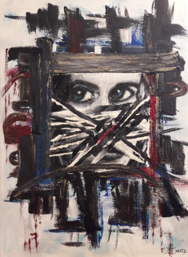 Painting titled "la PRISON" by Christiane Guerry, Original Artwork, Collages Mounted on Wood Stretcher frame