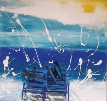 Painting titled "LES CHAISES BLEUES…" by Christiane Guerry, Original Artwork, Acrylic