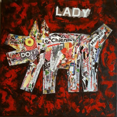 Collages getiteld "LE CHIEN LADY" door Christiane Guerry, Origineel Kunstwerk, Collages Gemonteerd op Frame voor houten bran…