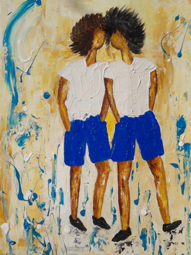 Painting titled "LES 2 GARCONS" by Christiane Guerry, Original Artwork, Acrylic Mounted on Wood Stretcher frame