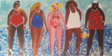 Painting titled "COPINES DE PLAGE" by Christiane Guerry, Original Artwork, Acrylic Mounted on Wood Stretcher frame