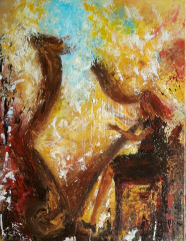 Schilderij getiteld "HARPISTE" door Christiane Guerry, Origineel Kunstwerk, Acryl Gemonteerd op Frame voor houten brancard