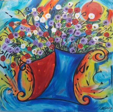 Painting titled "THE FLOWERS" by Christiane Guerry, Original Artwork, Acrylic Mounted on Wood Stretcher frame