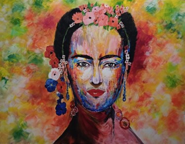 Painting titled "GRANDE FRIDA KALOO" by Christiane Guerry, Original Artwork, Acrylic Mounted on Wood Stretcher frame