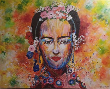 Painting titled "FRIDA KAHLO PORTRAIT" by Christiane Guerry, Original Artwork, Acrylic Mounted on Wood Stretcher frame