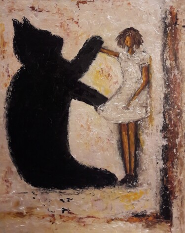 Painting titled "MOI ET MON CHAT" by Christiane Guerry, Original Artwork, Acrylic Mounted on Wood Stretcher frame