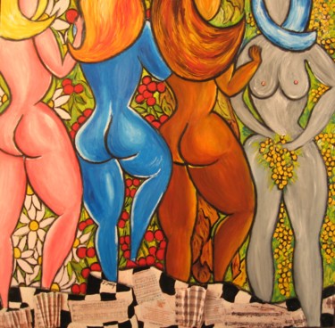 Картина под названием "LES FILLES ( 4 SAIS…" - Christiane Guerry, Подлинное произведение искусства, Масло Установлен на Дере…