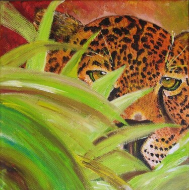 Painting titled "LEOPARD CACHE" by Christiane Guerry, Original Artwork, Oil