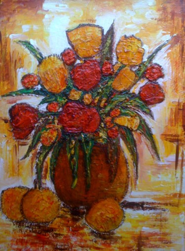 Painting titled "FLEURS ET POMMES" by Christiane Guerry, Original Artwork, Oil