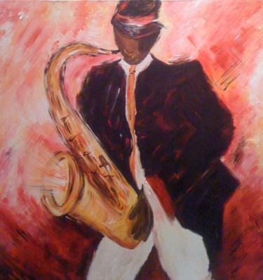 Painting titled "LE SAXOPHONISTE NOI…" by Christiane Guerry, Original Artwork, Oil