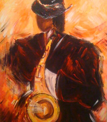 Painting titled "LE SAXOPHONISTE AU…" by Christiane Guerry, Original Artwork, Oil