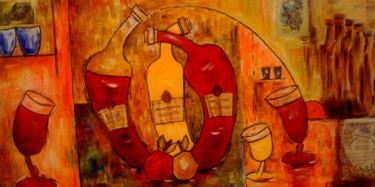 Painting titled "LES BOUTEILLES ET L…" by Christiane Guerry, Original Artwork, Oil