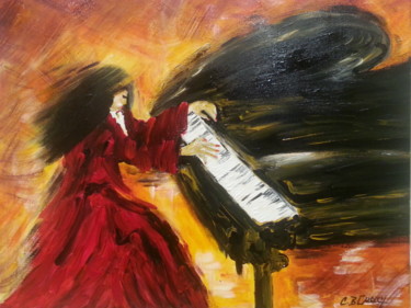 Malerei mit dem Titel "LA PIANISTE AUX CHE…" von Christiane Guerry, Original-Kunstwerk, Öl