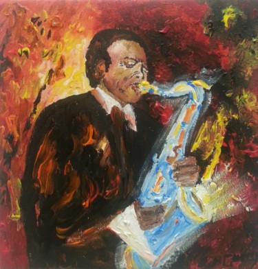 Painting titled "LE  SAXO BLEU III" by Christiane Guerry, Original Artwork, Oil