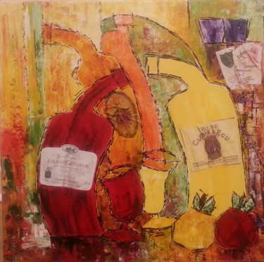 Painting titled "LES BOUTEILLES ET L…" by Christiane Guerry, Original Artwork, Acrylic