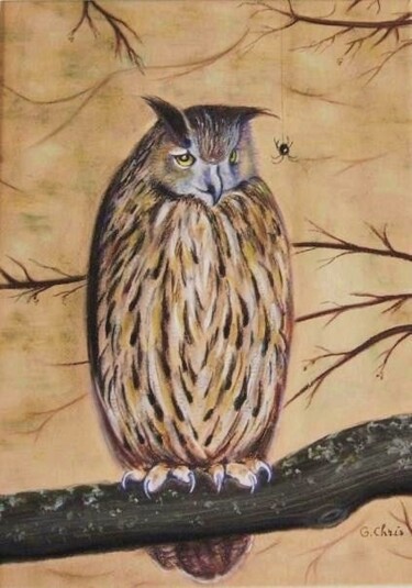 Peinture intitulée "La visite au hibou" par Christiane Guilleminot, Œuvre d'art originale, Huile