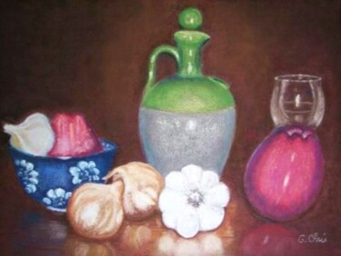 Painting titled "L'ail et la pomme" by Christiane Guilleminot, Original Artwork, Pastel