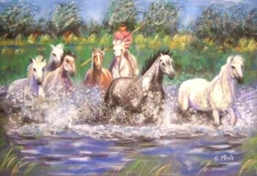 Painting titled "Cavalcade en Camarg…" by Christiane Guilleminot, Original Artwork, Oil