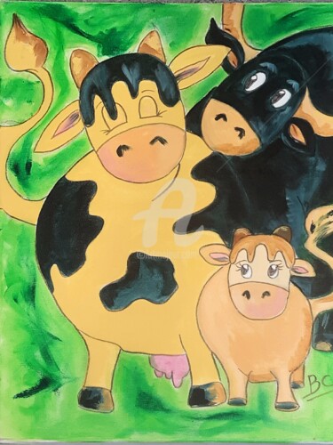Pittura intitolato "Cow family painting…" da Christiane Marette (Christiane Marette - B.C Créations), Opera d'arte originale…