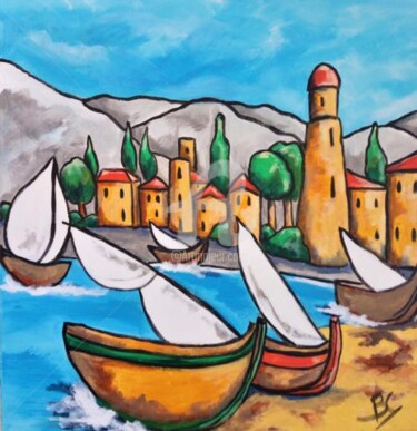 Pintura intitulada "Fishing village at…" por Christiane Marette (Christiane Marette - B.C Créations), Obras de arte originai…