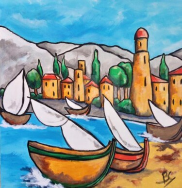 Painting titled "Fishing village at…" by Christiane Marette (Christiane Marette - B.C Créations), Original Artwork, Acrylic