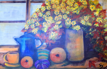 Painting titled "Still life with pot…" by Christiane Marette (Christiane Marette - B.C Créations), Original Artwork, Acrylic