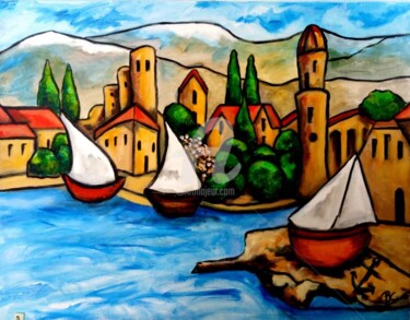 Painting titled "Old port of Colliou…" by Christiane Marette (Christiane Marette - B.C Créations), Original Artwork, Acrylic