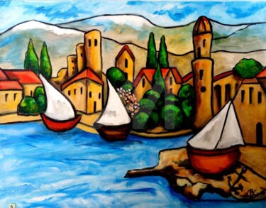 Painting titled "Old port of Colliou…" by Christiane Marette (Christiane Marette - B.C Créations), Original Artwork, Acrylic