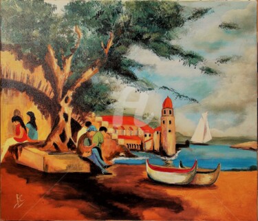 Pintura titulada "Seaside village - C…" por Christiane Marette (Christiane Marette - B.C Créations), Obra de arte original,…