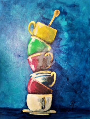 Painting titled "Still life with cup…" by Christiane Marette (Christiane Marette - B.C Créations), Original Artwork, Acrylic