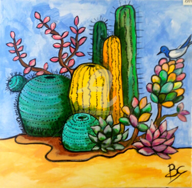 Painting titled ""Cactus composition…" by Christiane Marette (Christiane Marette - B.C Créations), Original Artwork, Acrylic