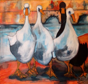 Painting titled "Painting "Geese on…" by Christiane Marette (Christiane Marette - B.C Créations), Original Artwork, Acrylic
