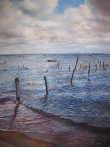 Painting titled "La plage" by Christiane Mory, Original Artwork, Pastel Mounted on Cardboard