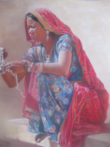 Painting titled "Indienne aux bijoux" by Christiane Mory, Original Artwork, Pastel Mounted on Cardboard