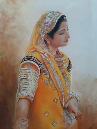 Peinture intitulée "Le sari jaune" par Christiane Mory, Œuvre d'art originale, Pastel Monté sur Carton